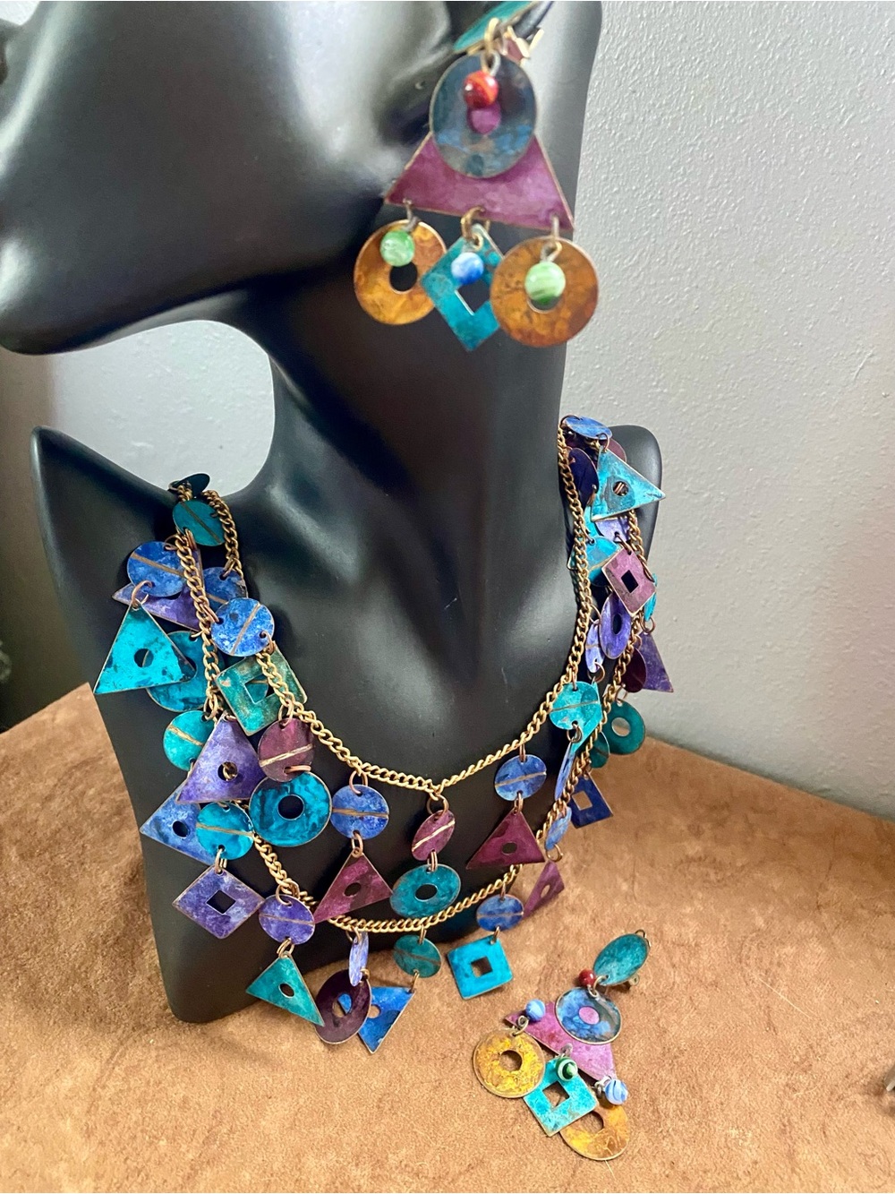 1980s Multicolor Boho Geometric Metal Statement Necklace & Clip on Earring Set